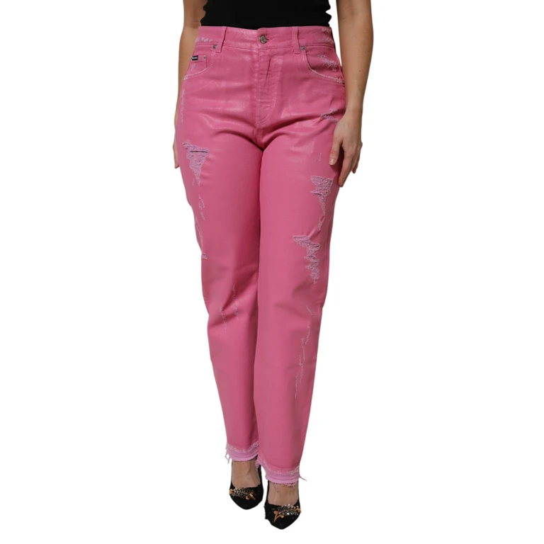 Pink Tattered Mid Waist Tapered Denim Jeans Cotton Elastane Clothing - Women