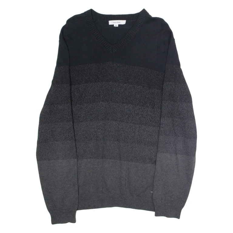 CALVIN KLEIN Mens Patterned Jumper Black Striped V-Neck Tight Knit L