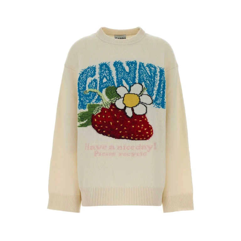 Ganni Ivory Wool Blend Oversize Sweater Egret Maglieria - Women