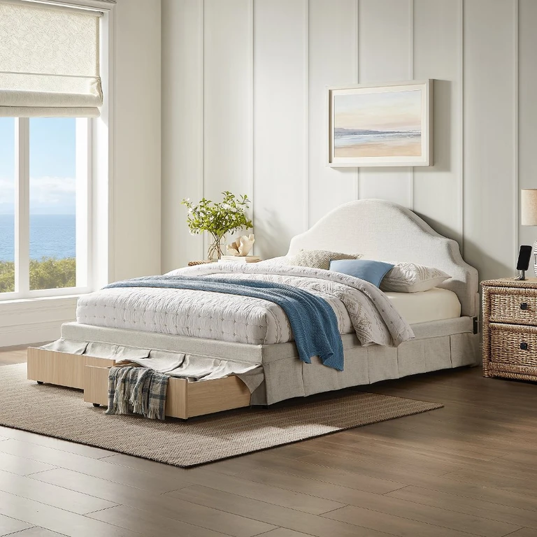 Darcy Beige Upholstered Queen Storage Bed