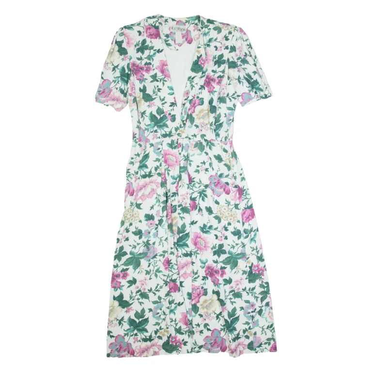RJ STEVENS Womens A-Line Dress Cream 90s Floral Short Sleeve Long M