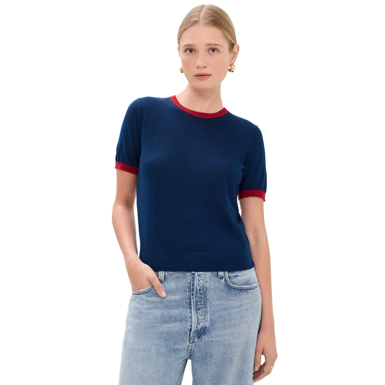 Guest in Residence Airy Ringer Tee Navy/Carmine M