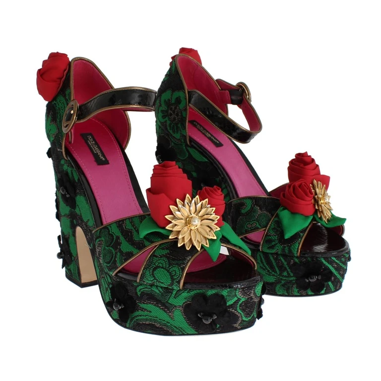 Dolce & Gabbana Green Brocade Snakeskin Roses Crystal Shoes - Women