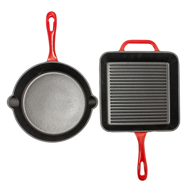 Neo 2pc Cast Iron 10" Fry and Grill Pan Cookware Set, Red
