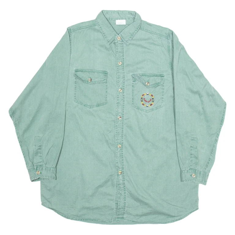 TEXTAR Mens Plain Shirt Green Long Sleeve M