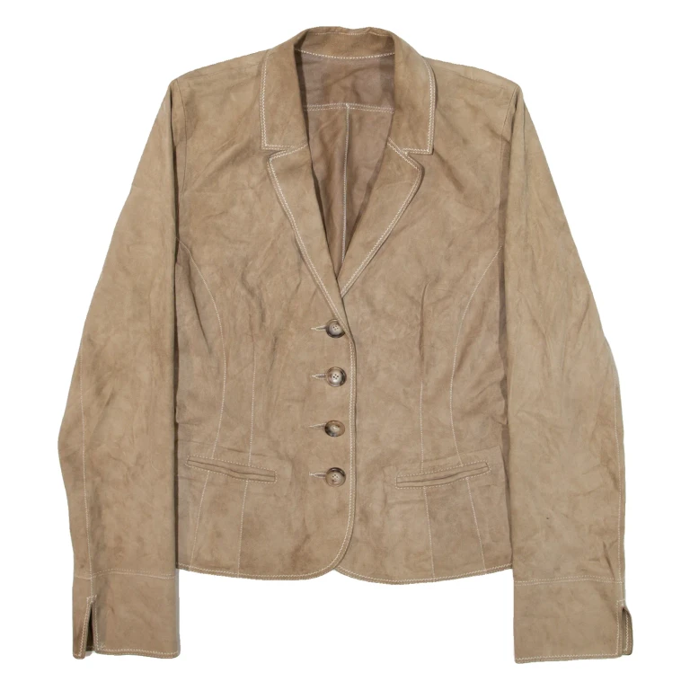 PEARLS Womens Blazer Jacket Beige Leather Suede S