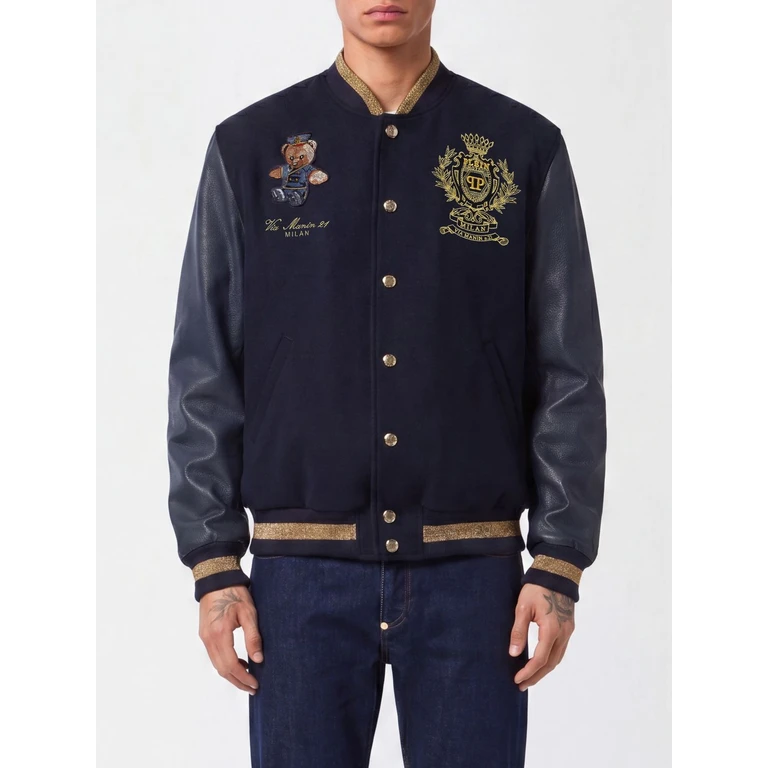 Wool Varsity Bomber with Leather Sleeves and Teddy Bear Patch (FAECMLB1983PLE010N24)