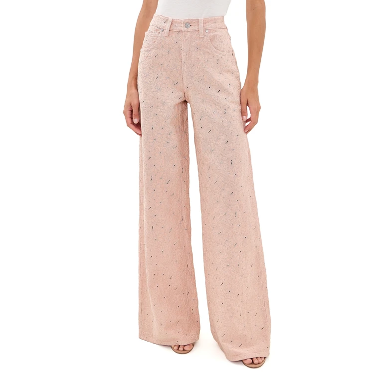 PAIGE Cameron Wide Leg Jeans Sunset Peach Embroidered 23