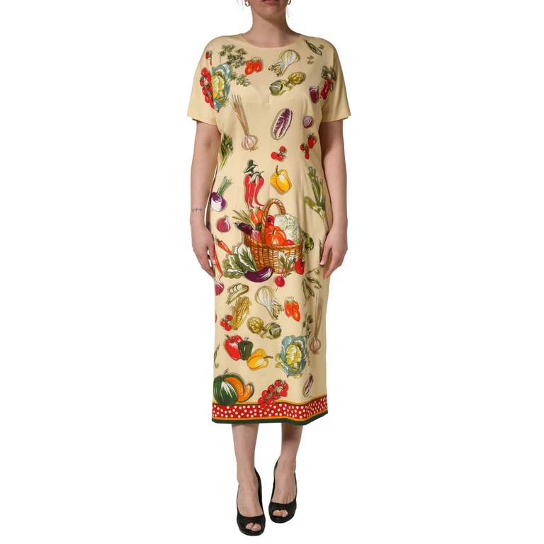 Beige Fruit Polkadot Sheath Silk Midi Dress Elastane - Women