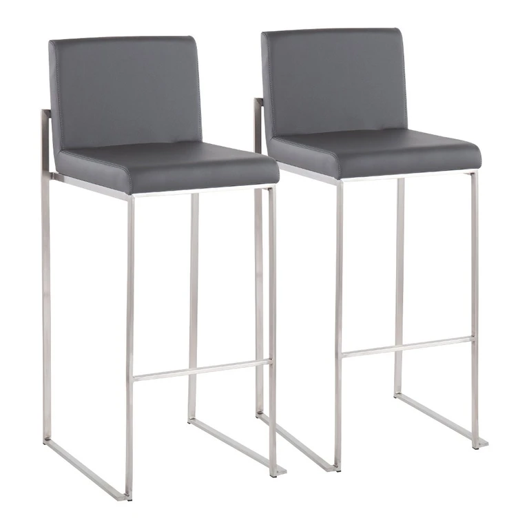 Fuji High Back Stainless & Gray Faux Leather Barstools, Set of 2