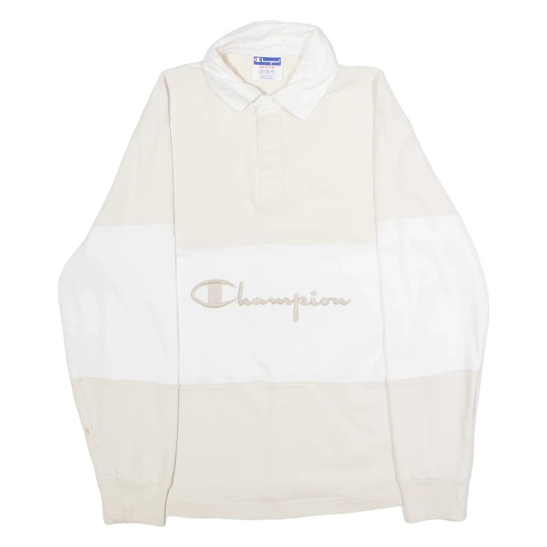 CHAMPION Mens Polo Shirt Beige Colourblock Long Sleeve M