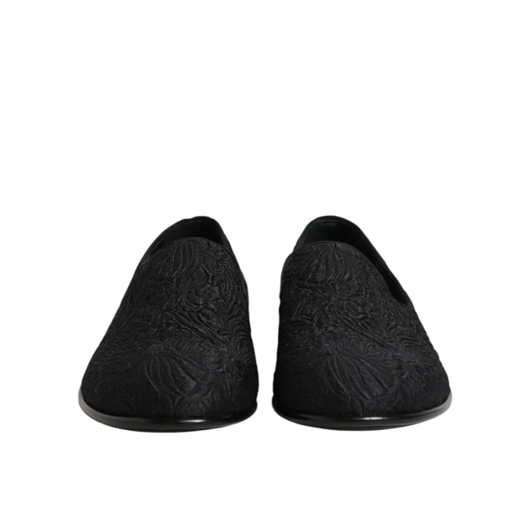 Black Jacquard Slip On Loafers Formal Shoes Velvet Leather - Men
