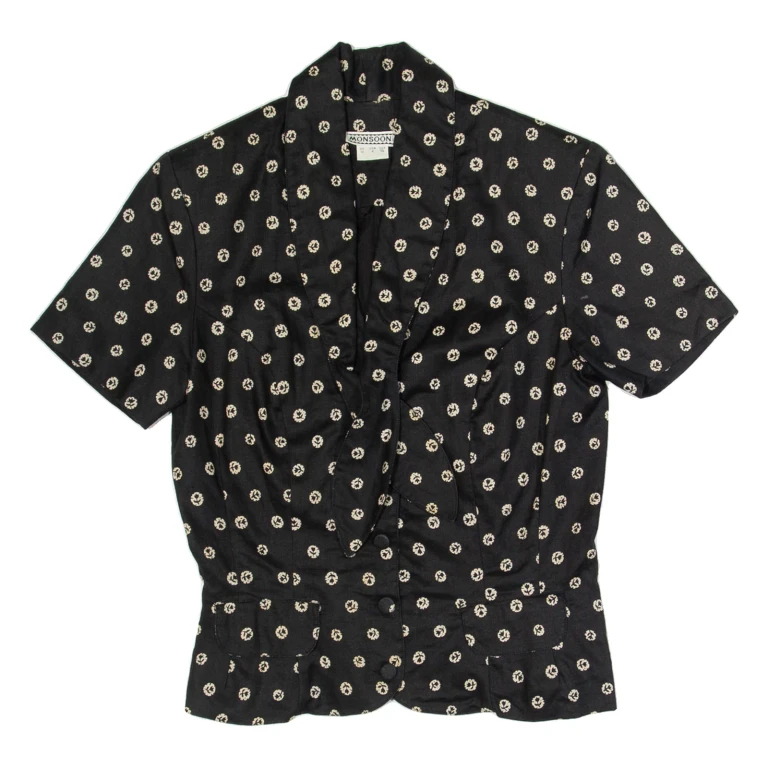MONSOON Womens Printed Blouse Black 90s Linen Spotted UK 10