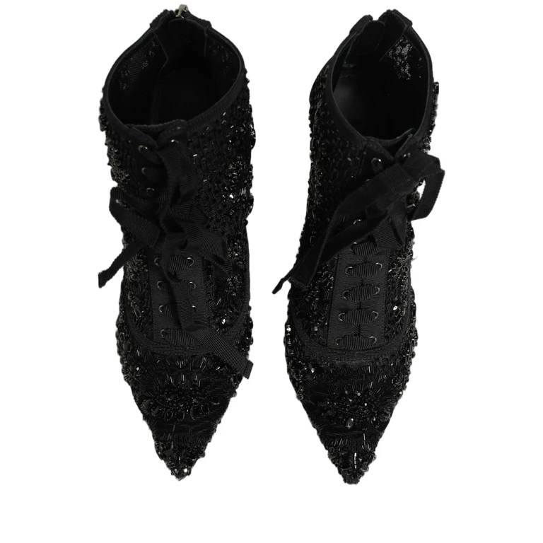 Dolce & Gabbana Black Embellished Mesh Ankle Boots Shoes - Women