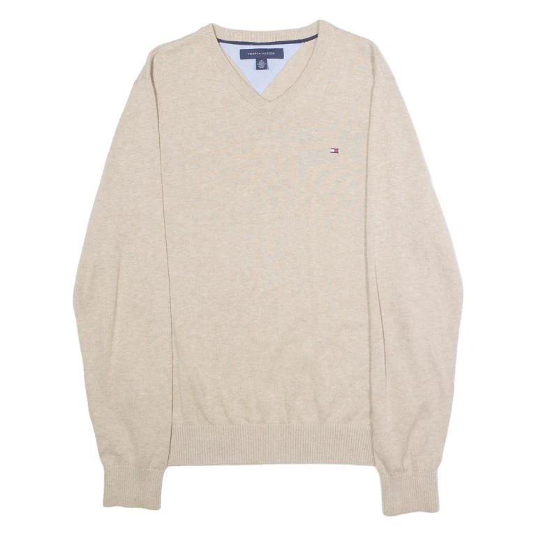 TOMMY HILFIGER Mens Jumper Beige V-Neck Tight Knit M