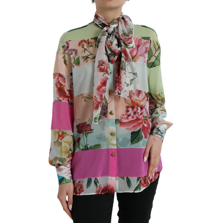 Dolce & Gabbana Multicolor Floral Patchwork Ascot Collar Top Silk Elastane - Women