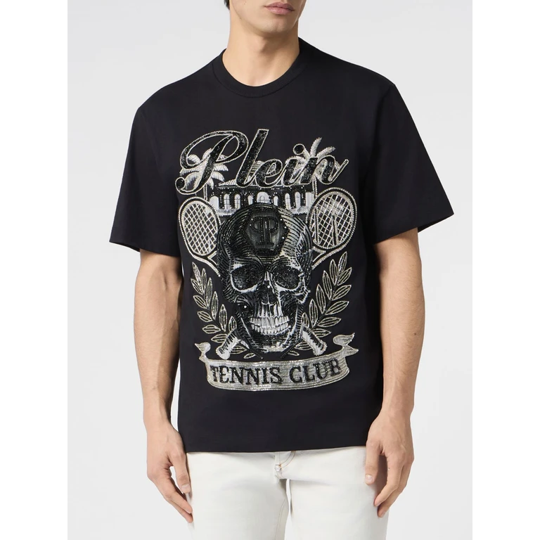 Tennis Club Cotton T-shirt with Rhinestone Skull and Embroidery (PAFCMTK9019PJY002N02)