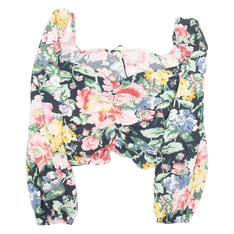 ZARA Womens Printed Blouse Black V-Neck Long Sleeve Floral XS