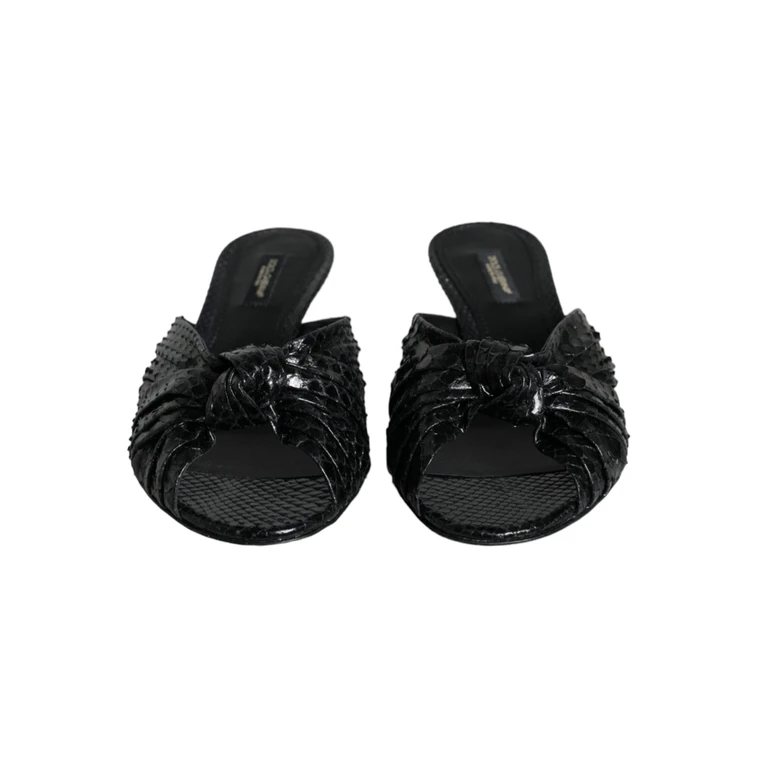 Dolce & Gabbana Black Leather Heels Slides Sandals Shoes Python - Women