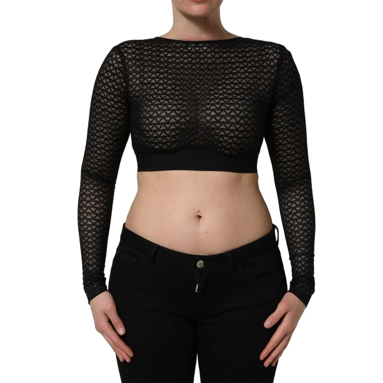 Black Nylon Fishnet Long Sleeve Cropped Top Acrylic Wool - Women
