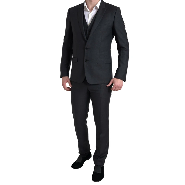 Black 3 Piece Single Breasted Martini Suit Virgin Wool - Men