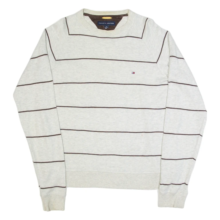 TOMMY HILFIGER Mens Patterned Jumper Cream Striped Tight Knit M
