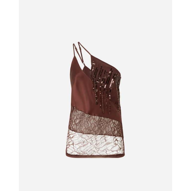 Pinko - Top asymétrique en satin avec dentelle et paillettes - 38
