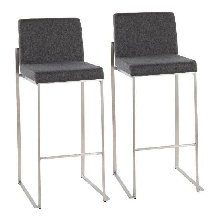 Fuji High Back Stainless & Charcoal Barstools, Set of 2