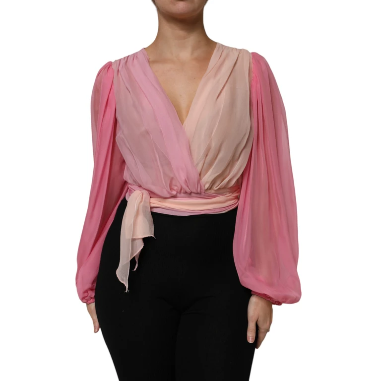 Dolce & Gabbana Pink Plunging V-Neck Long Sleeves Blouse Top Silk - Women