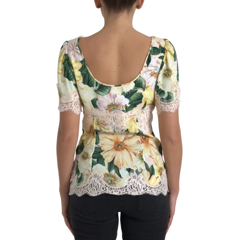 Dolce & Gabbana Multicolor Floral Lace V Neck Blouse Silk - Women