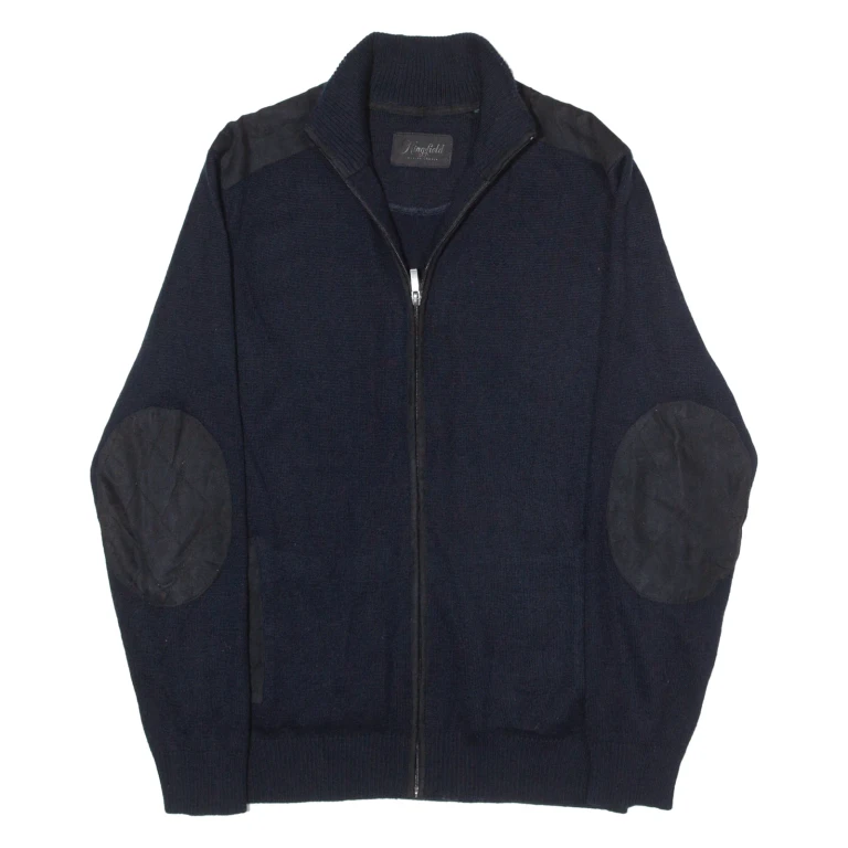 KINGFIELD Military Mens Cardigan Blue High Neck Tight Knit Wool S