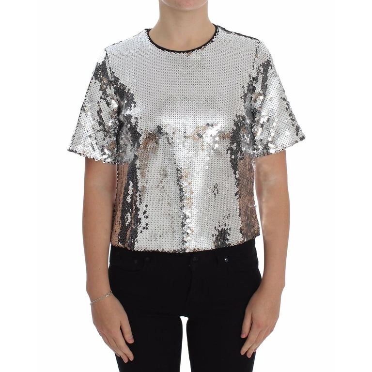 Dolce & Gabbana Silver Sequined Crewneck Blouse T-Shirt Top Polyester - Women
