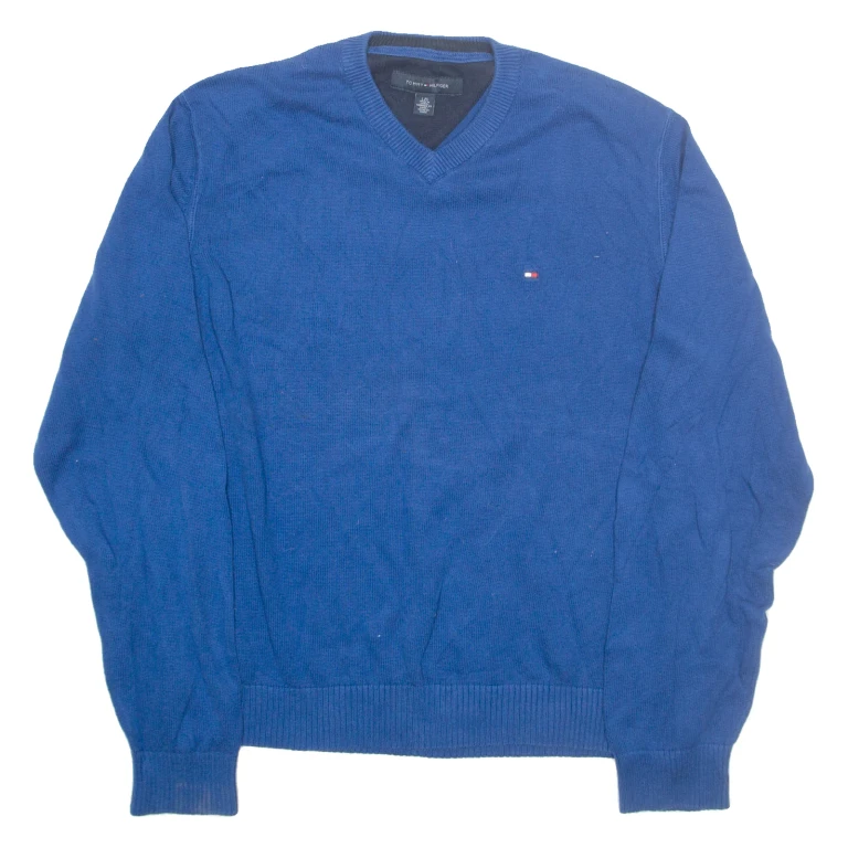 TOMMY HILFIGER Mens Jumper Blue V-Neck Tight Knit L