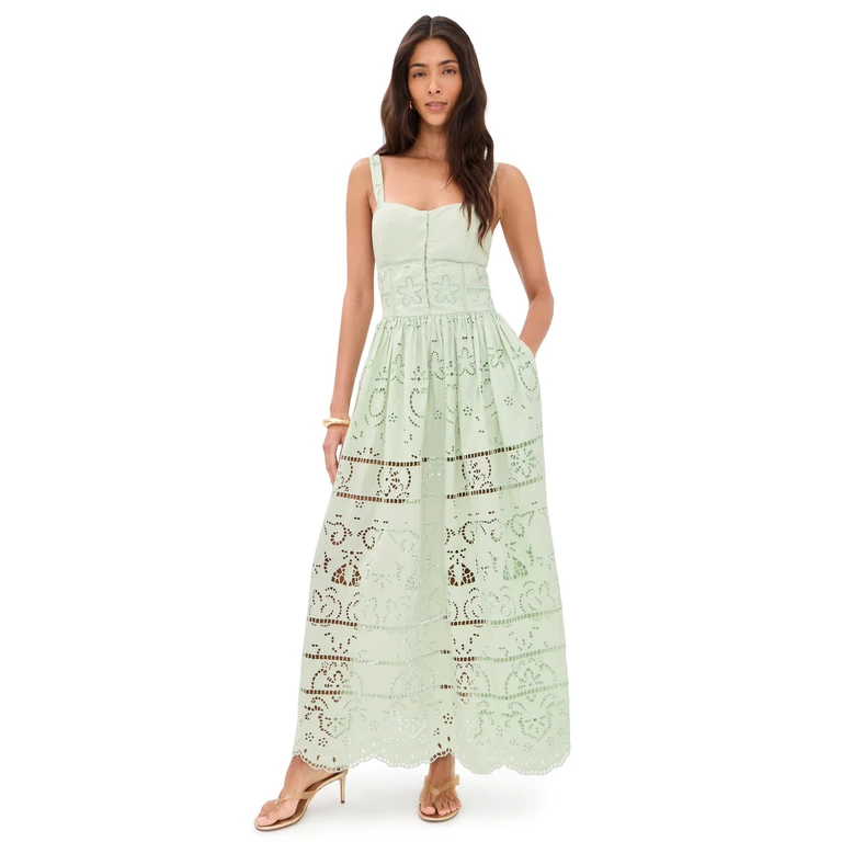 ALICE + OLIVIA Anya Embroidered Soft Sweetheart Midi Dress Light Sage 10