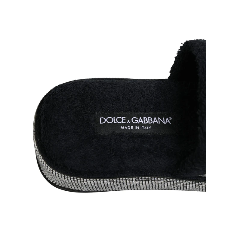 Dolce & Gabbana Black Crystal Embellished Platform Slides Shoes Cotton Goat Leather - Women