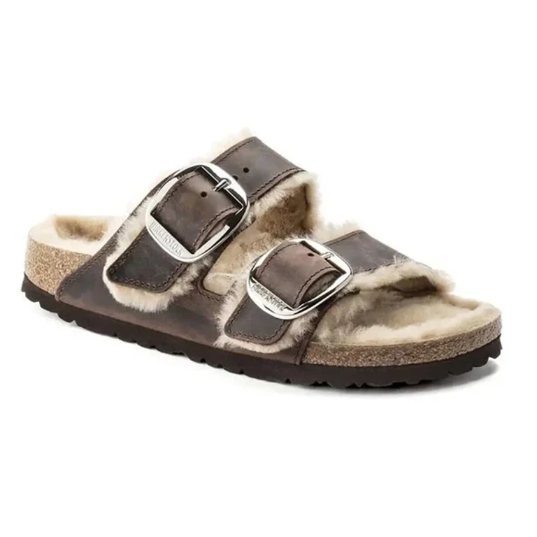 Arizona Big Buckle Shearling Oiled Leather Leather Brown Sandals