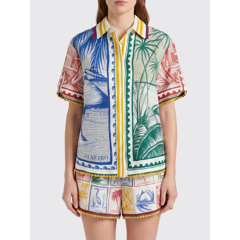Brasil Vintage Short-Sleeved Shirt in Linen Blend with a Tropical Print (348973BRASILVINTAGEOFF-WHITE)