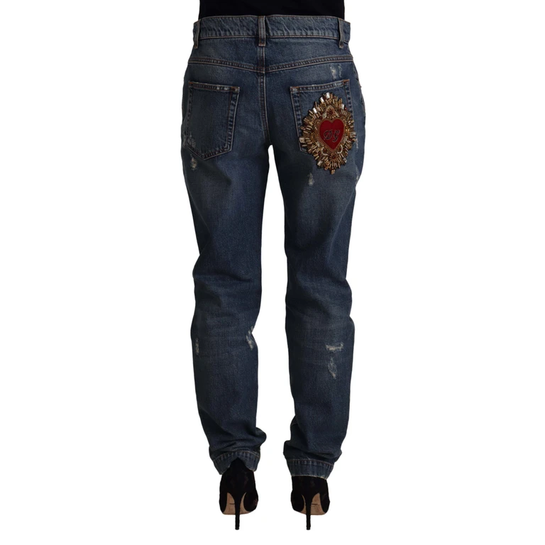 Dolce & Gabbana Blue Denim Baroque Heart Logo Patch Pants Jeans Cotton - Women