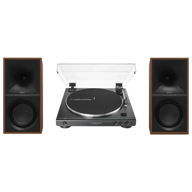 The Sevens Heritage Inspired Powered Speakers (Walnut) with Audio Technica 60X-BK Fully Automatic Belt-Drive Stereo Turntable (Bundle)