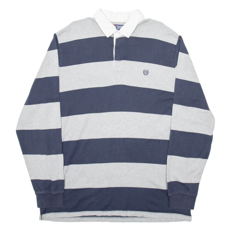 CHAPS Mens Polo Shirt Grey Striped Long Sleeve L
