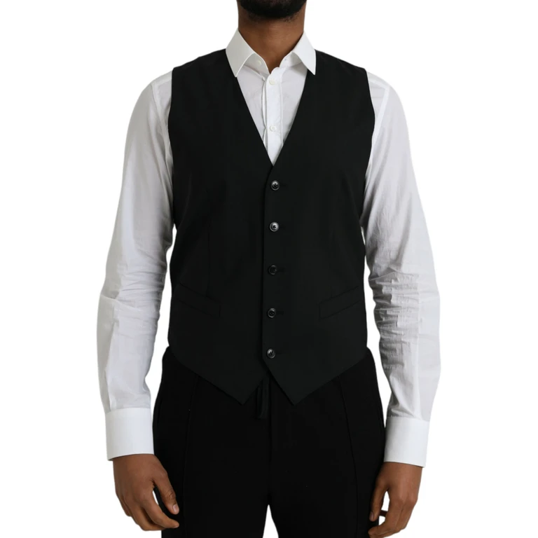 Dolce & Gabbana Black Wool Formal Dress Waistcoat Vest Virgin Elastane - Men
