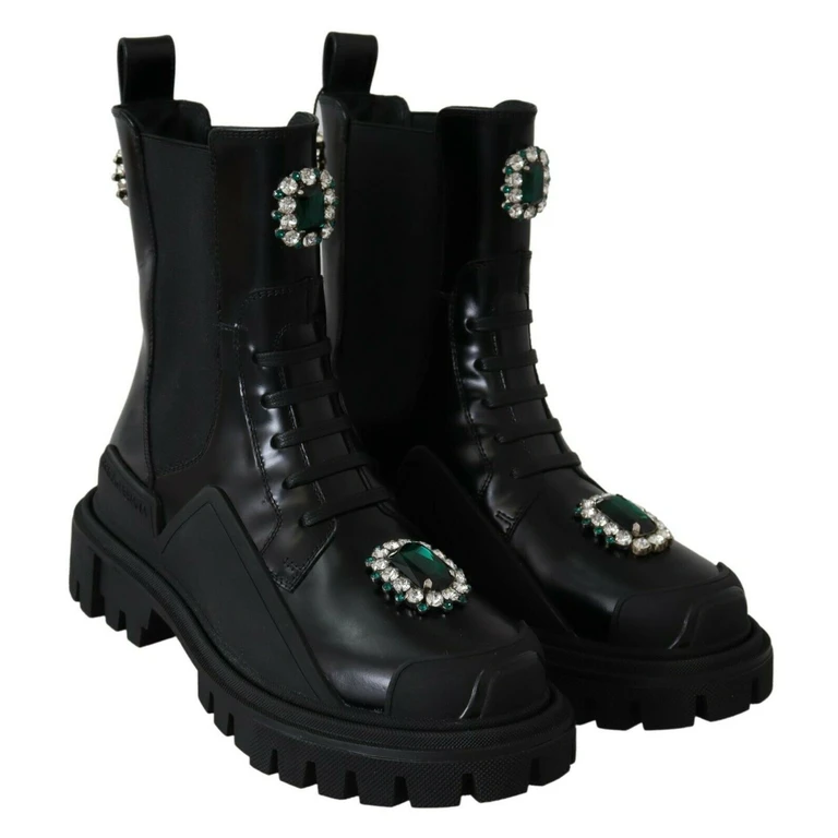 Dolce & Gabbana Black Leather Crystal Combat Boots - Women