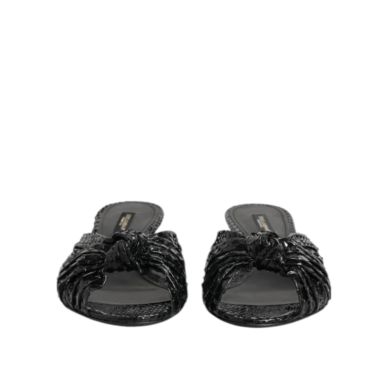 Dolce & Gabbana Black Leather Heels Slides Sandals Shoes Python - Women