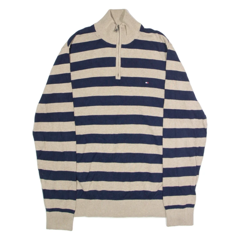 TOMMY HILFIGER Mens Patterned Jumper Beige Striped 1/4 Zip Tight Knit 2XL