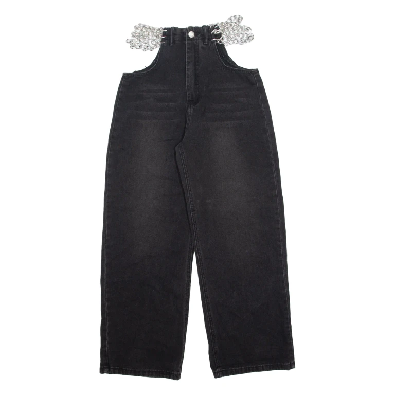Chain Cut Out Womens Jeans Black Relaxed Straight W26 L28