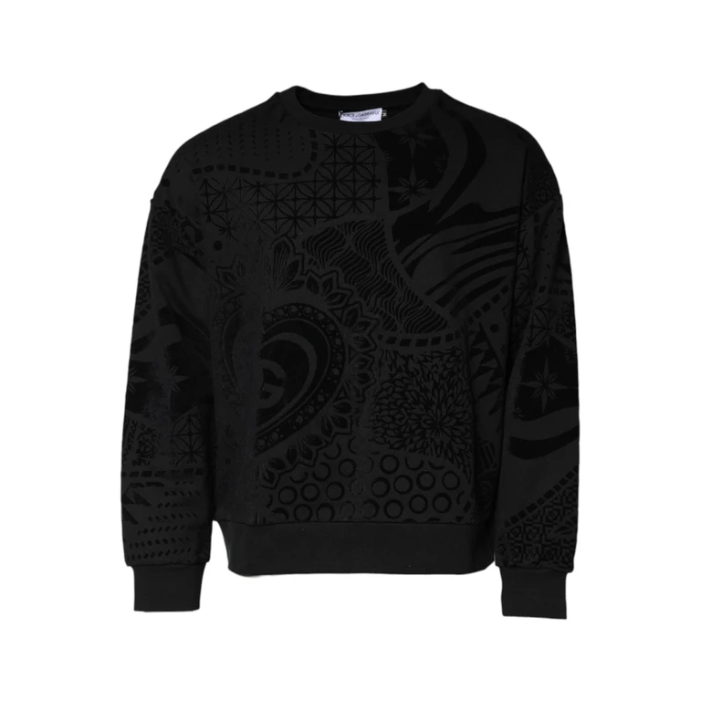 Dolce & Gabbana Black Printed Crew Neck Sweatshirt Sweater Cotton Elastane Clothing - Men