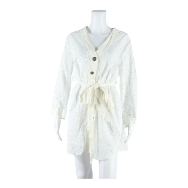 ZARA Belted Hole Design Womens Shirt Dress White Lace Long Sleeve Midi XL
