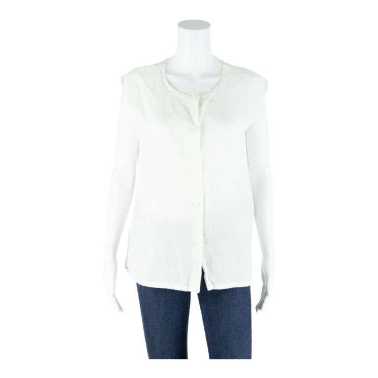 Womens Top White Button Neck Sleeveless Linen M