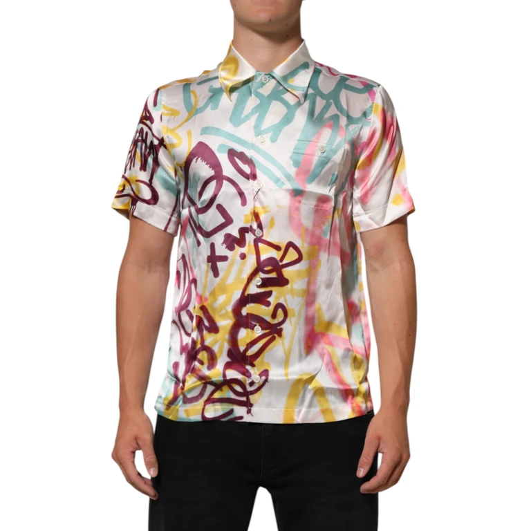 Dolce & Gabbana White Silk Hawaiian Graffiti Print Men Casual Shirt - Men