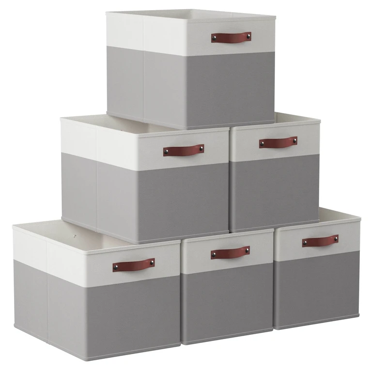 6 Pack Linen Fabric Kallax Storage Cube Bin with Faux Leather Handles